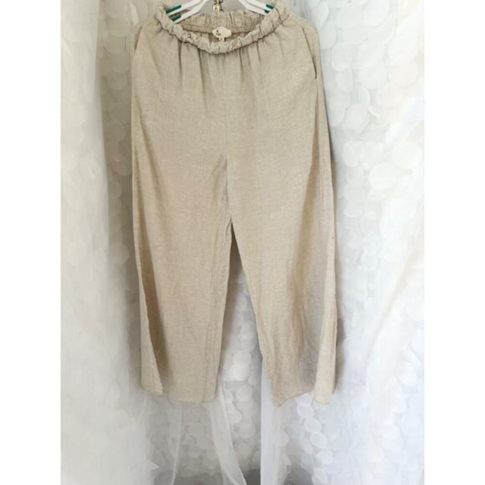 100% LINEN Women's medium Beige WIDE PALAZZO pants Luxury “a. REN “ elastic